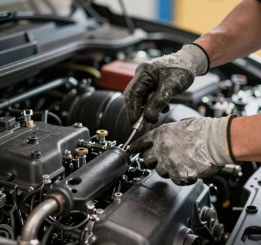 A close-up photograph of a professional mechanic's gloved hands using high-quality tools to work on a modern car engine, clean and well-lit North American / US garage setting, shallow depth of field.