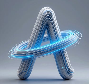 A futuristic abstract digital sculpture with flowing lines of light in light blue-grey and bright blue, symbolizing innovation and connectivity.