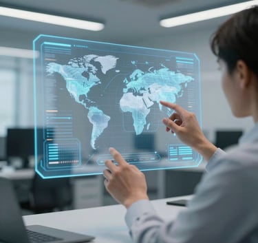 An over-the-shoulder view of a professional working on a high-resolution holographic interface in a clean, futuristic corporate office, International / Global setting.