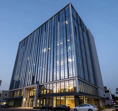 Wide-angle architectural photography of a modern glass-and-steel corporate headquarters in North India during the blue hour, featuring soft exterior lighting and reflecting a professional, trustworthy atmosphere with deep blue and white tones.