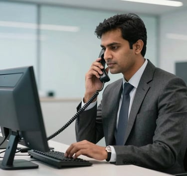 A professional South Asian man in a business suit working in a high-tech corporate office, using a modern IP desk phone with a clean, light blue and white interior background.