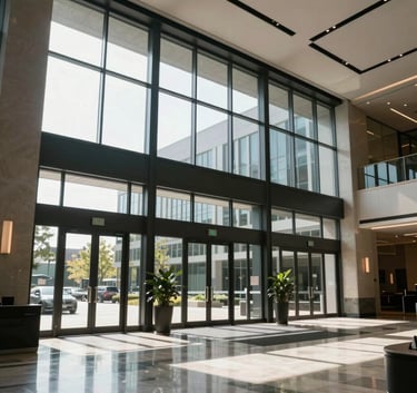 A photography shot from the interior of a spacious, high-ceilinged lobby in a North American corporate headquarters. Large-scale glass doors lead to a sunlit exterior, emphasizing transparency and reliability.