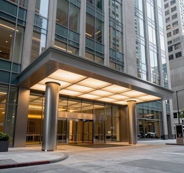 A wide-angle professional photograph of a large, modern corporate entryway in a North American city. The architecture features glass and steel with sophisticated lighting, highlighting an established and professional presence.