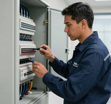 A South American technician in a professional navy blue uniform inspecting an electrical panel in a corporate office building in Colombia, soft daylight, sharp focus on the control panel, modern tools, expert composition.