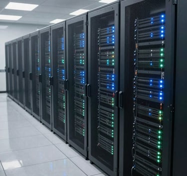 Professional high-angle shot of a clean, modern data center in Bogota, Colombia, featuring rows of high-tech industrial UPS units with soft blue and green status lights, polished floors reflecting the equipment, bright and professional lighting.