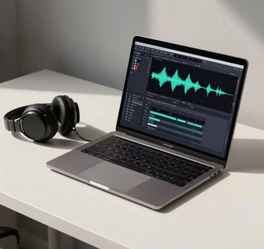 A high-end lifestyle shot of a minimalist home studio setup in a North American / US apartment. A laptop is open showing AI music software with waveforms. A pair of professional headphones rests on a sleek off-white desk. The lighting is bright and airy, with soft gray shadows.