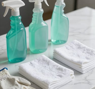 A professional cleaning kit organized on a sleek white marble surface. The kit includes eco-friendly spray bottles in ocean green, microfibre cloths in soft white, and a pair of professional gloves. The lighting is bright and clean, emphasizing a high-standard hospitality service.
