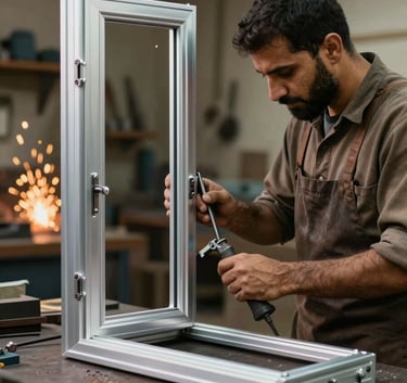 An expert metalworker in Riyadh workshop focusing on a detailed aluminium door frame, sparks softly in the background, warm professional lighting, workshop atmosphere with #6B4C38 and #B7A598 elements.