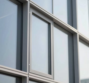 A sleek architectural close-up of high-quality aluminium window frames installed in a professional office building, clean lines, morning light, modern craftsmanship style using #B7A598 and #2C272E tones.
