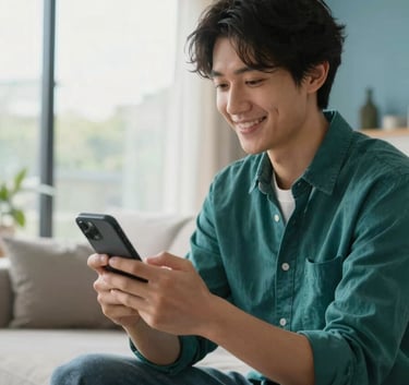 A person in a modern North American / US living room smiling while using a smartphone, soft natural lighting coming from a large window, vibrant deep teal and soft sky blue accents in the decor, clean and approachable aesthetic, professional photography.