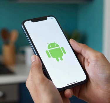 A close-up of hands holding an Android smartphone in a bright North American / US kitchen, the screen glowing softly, modern and innovative vibe, deep teal and dark navy blue background elements, high-quality photography.