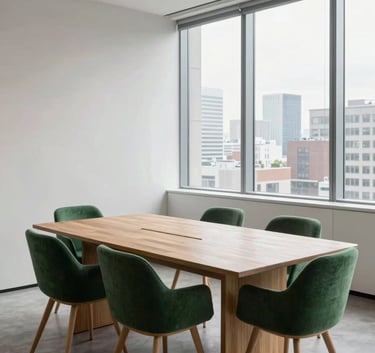 A minimalist and bright office meeting room with a large wooden table, chairs in forest green, and a large window overlooking a city, conveying clarity and professionalism.
