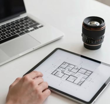 A close-up photograph of a professional's hands using a laptop and a tablet with architectural diagrams on a clean white desk in a bright European / French workspace with pale greyish-white accents.