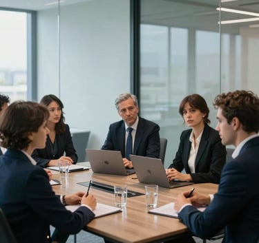 A group of focused professionals in a sleek, modern European / French office meeting room with glass walls, soft morning lighting, featuring dark navy and sky blue color tones in the background and attire.