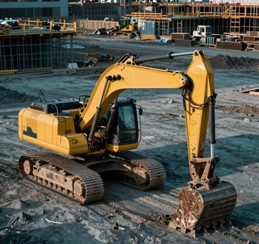 A clean, high-angle shot of a powerful yellow excavator working on a North American construction site. The lighting is crisp afternoon sun. Muted blue-green and dark blue-green tones in the shadows. Professional photography style.