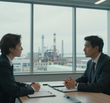 A professional business meeting between two experts discussing equipment specifications in a modern office with large windows overlooking a North American industrial center. Soft, diffused lighting. Muted blue-green and light blue-grey color palette.