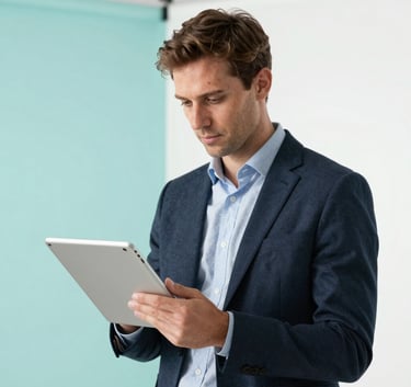A professional European entrepreneur looking at a digital tablet in a bright studio in Souillac, France, with pale turquoise and white background elements.