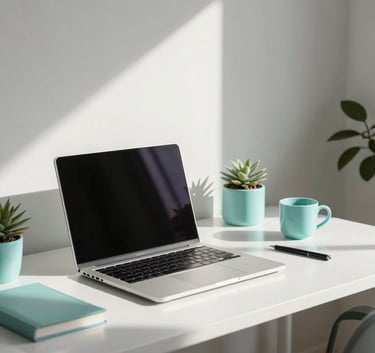 A modern, minimalist workspace in the Lot region, France, featuring a laptop on a white desk, natural sunlight, and soft turquoise office accessories.