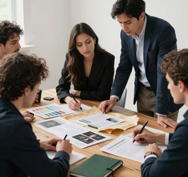 A professional marketing team in a bright North American / European studio planning a social media strategy. They are gathered around a wooden table with a matte forest green notebook and crisp parchment-colored mood boards, showing high-contrast and sophisticated vibes.