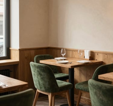 A cozy, Scandinavian-style restaurant interior in a North American / European setting. The room features warm wood furniture, matte forest green chairs, and crisp parchment walls, illuminated by soft morning light for a trustworthy, elegant feel.