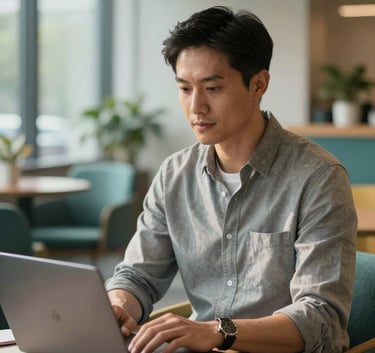 A confident adult learner sitting in a modern, sunlit North American office lounge, using a sleek laptop. The scene features subtle teal and amber accents in the decor with a shallow depth of field and high-end commercial photography style.