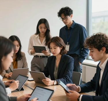 A diverse group of young professionals in a bright, modern North American conference room, collaborating over digital tablets. Warm, natural lighting and a clean, innovative atmosphere with off-white and dark navy elements.