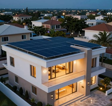 Wide shot of a luxury residential villa in Lagos featuring a large, sleek solar array on its roof. The sky is a deep twilight blue, and the villa is illuminated with warm lights. The composition highlights the integration of clean energy and modern architecture, featuring #0F1D2C and #B49A67 accents.