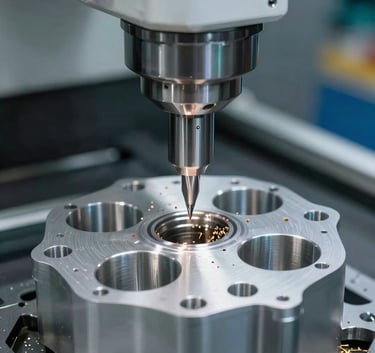 Close-up photography of a precision CNC machine carving a complex metallic component for the automotive industry. Bright white and cyan task lighting illuminates the sharp tool and metal shavings. The setting is a world-class Latin American / Spanish-speaking precision machining workshop.