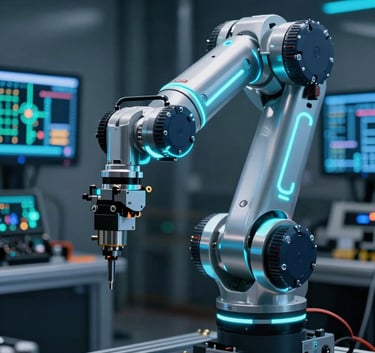 Cinematic close-up of a high-precision robotic arm in motion within a dark, high-tech factory setting. Neon blue and cyan light accents trace the metallic joints of the machine. The background is a sophisticated Latin American / Spanish-speaking engineering facility with soft bokeh of electronic circuits and digital interfaces.