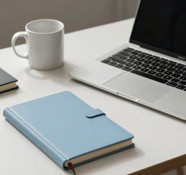 A high-end North American home office desk featuring a light blue notebook, a sleek silver laptop, and a clean white ceramic mug. The setting is minimal and organized.