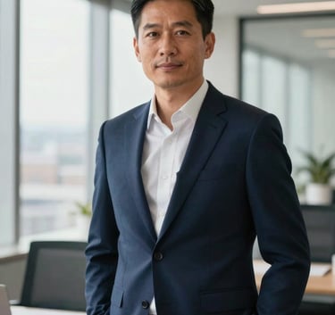A professional North American business strategist in a navy blue blazer, standing in a sunlit modern high-rise office. The atmosphere is sophisticated and clean with soft natural lighting.