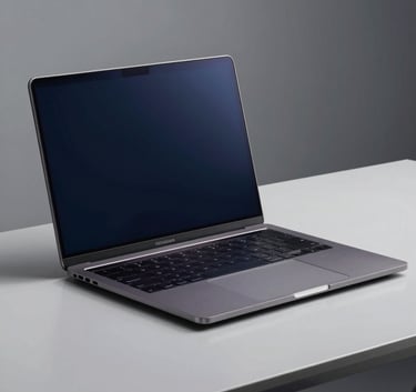 A professional studio shot of a high-end business laptop open on a minimalist desk, reflecting deep blue and light grey tones, elegant and powerful appearance.