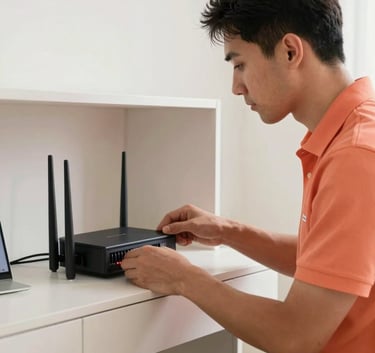 A professional North American / US technician in a bright coral orange polo shirt installing a high-speed router in a modern home office with soft off-white furniture, clean and reliable service vibe.