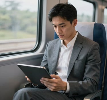 A focused professional in business casual attire sitting on a modern North American commuter train, studying efficiently on a sleek tablet. The lighting is dynamic and natural, highlighting a sense of productive transit.
