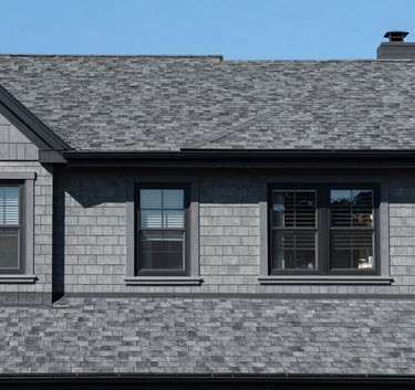 A professional wide-angle shot of a residential home in New York City with a brand-new dark grey shingle roof, sharp focus, clear blue sky, modern and trustworthy aesthetic, North American / New York City.