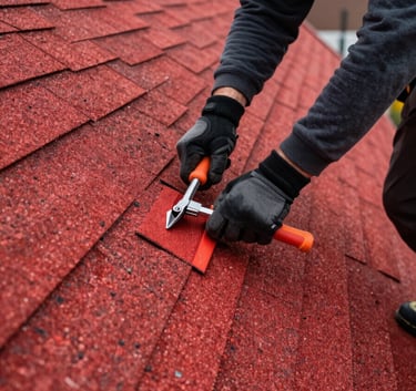 A close-up photograph of a professional roofer installing bold red asphalt shingles on a steep residential roof, high contrast, crisp details of the materials and tools, North American / New York City.