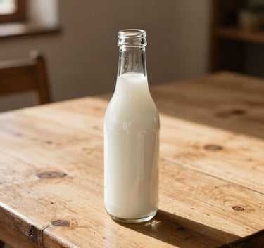 An elegant glass bottle of fresh, white kefir on a rustic light wood table, warm sunlight, minimalist composition, serene Mexican farmhouse atmosphere.