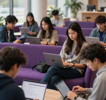 A bright, modern North American campus lounge where students are collaborating on digital devices, with soft natural light and vibrant purple furniture accents, conveying a sense of innovation and community.