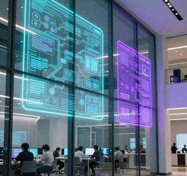 A futuristic photography of a high-tech North American learning center with glass walls, featuring floating holographic light displays in electric cyan and vibrant purple, sleek and modern architectural design.
