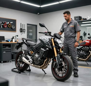 A wide photography shot of a modern and clean motorcycle workshop in Brazil. A technician in professional gray attire stands next to a high-end street bike. The environment is organized and reflects expertise. Near black and light gray palette.