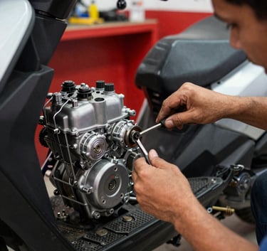 A South American / Brazilian mechanic skillfully repairing a modern scooter engine. The shot is an action photography piece with focus on the hands and tools, set in a well-lit workshop with deep red accents.