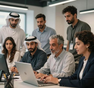 A group of professional Middle Eastern / North African men and women collaborating in a modern coworking space in Casablanca, looking inspired and enthusiastic.