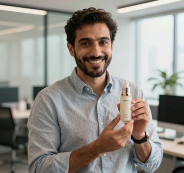 A professional Middle Eastern entrepreneur smiling confidently in a modern, bright office space, holding an elegant Atomy skincare product, warm and inviting atmosphere.