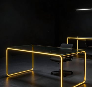A high-end, minimalist photography of a futuristic workspace at night. The scene is dominated by deep black shadows and sharp neon yellow light strips tracing the edges of a glass desk. Cinematic lighting, sleek and professional atmosphere.