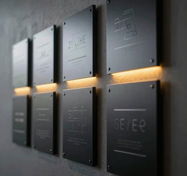 Photography of several sleek, black metallic plaques mounted on a dark charcoal wall, each subtly caught by a sliver of neon yellow light. Minimalist and high-tech corporate setting.