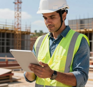 A professional South American engineer wearing a white hard hat and safety vest, standing on a sunny Brazilian construction site, reviewing a digital tablet with a focused and confident expression.