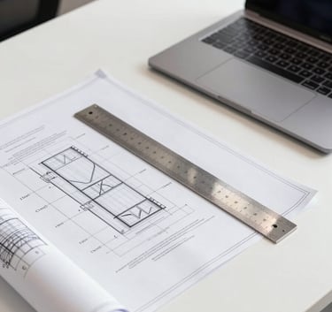 A crisp, high-angle photograph of a modern engineering workstation in a Brazilian office. Engineering blueprints, a professional metallic ruler, and a high-end laptop are neatly arranged on a clean white desk.