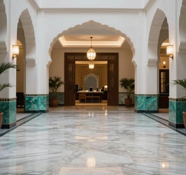 A wide-angle professional photograph of a luxury hotel lobby in Marrakech. The floor is polished marble reflecting soft lighting. The color palette includes Mist White and Medium Teal accents. The atmosphere is quiet, clean, and perfectly maintained.