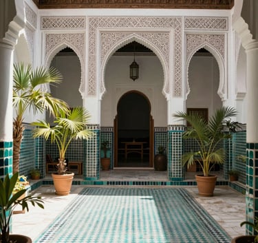 A photograph of an elegant Riad courtyard in Marrakech, featuring intricate tilework in Soft Sage and Dark Teal. The courtyard is lush with plants and spotlessly clean, symbolizing a pest-free premium hospitality environment. Bright, natural daylight.