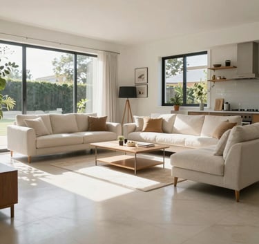 A wide-angle professional photograph of a sun-drenched, modern Australian living room with pristine furniture and polished floors, representing a fresh cleaning service.